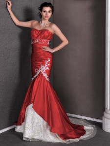 Red Mermaid Wedding Dress Court Train Taffeta Lace Appliques