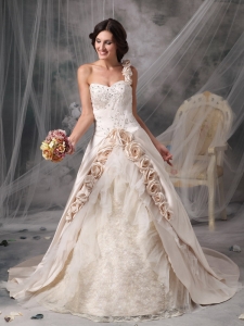 Champagne Bridal Gowns One Shoulder Chapel Train Hand Flowers