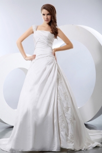 One Shoulder Chapel Train Appliques and Ruch Wedding Dress