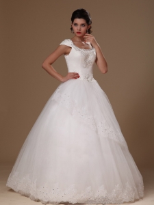 Cheap Scoop Short Sleeves Beaded Appliques Bridal Gowns