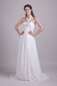 Beaded Halter Brush Train Chiffon White Wedding Dress