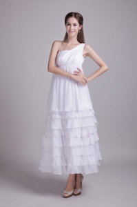 White One Shoulder Ankle-length Layered Ruffles Wedding Dress