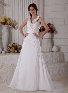 V-neck Bridal Wedding Gown Court Train A-line Taffeta Ruching