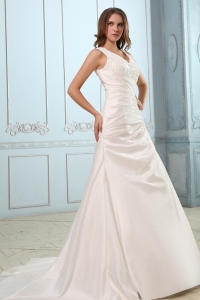 V-neck Court Train Taffeta Ruch and Appliques Wedding gowns