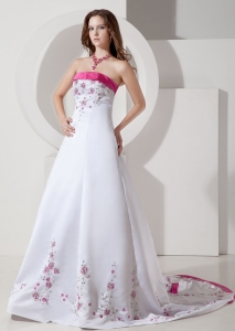 White Satin Wedding Dress with Rose Pink Pertty Embroidery