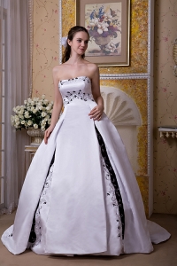 A-line Strapless Wedding Dress Satin Chapel Train Embroidery
