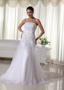 Tulle Taffeta Lace Wedding Dress A-line Strapless Chapel Train