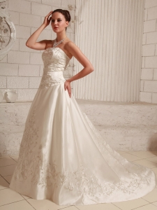 A-line Wedding Bridal Dress Embroidery Court Train Strapless