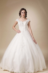 Cap Sleeves Wedding Dress Ball Gown Beading Floor-length Tulle