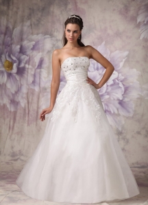 Appliques Wedding Bridal Dress Beading A-line Strapless Tulle