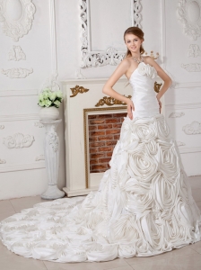 Fabric With Rolling Flowers Wedding Dress A-line Chapel Train