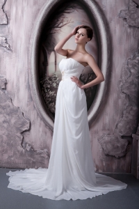 Empire Wedding Gown Strapless Sweep Train Appliques Chiffon