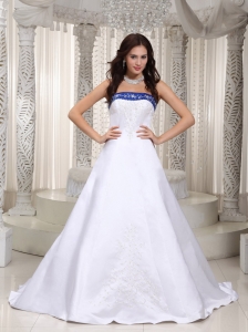 White and Royal Blue Bridal Gown with Embroidery Court Train
