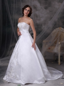 Court Train Wedding Gown Satin Embroidery A-line Strapless