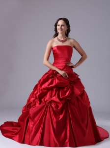 Wine Red Pick-ups Wedding Dress Ball Gown With Court Train