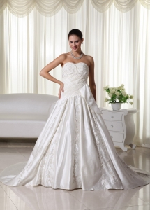 Ruched Sweetheart Court Train Satin Embroidery Wedding Gown
