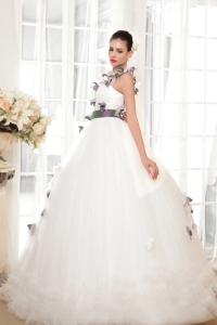 One Shoulder Ball Gown Wedding Dress Tulle Handle Flowers