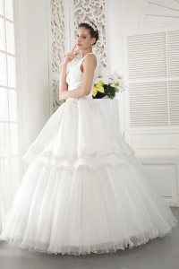 Ivory V-neck Floor-length Organza Beading and Ruch Wedding Gown
