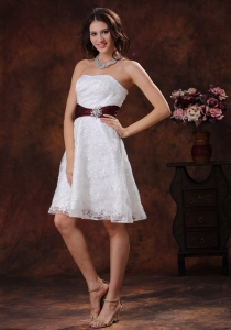 Lace Short Bridal Wedding Dress With Wine Red Belt