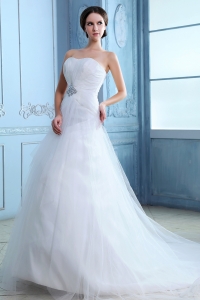 Pretty Court Train Tulle White 2013 Wedding Dress Beading