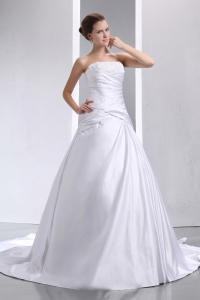 Strapless Chapel Train Taffeta Appliques and Ruch Wedding Gown