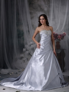 Silver Ruch Wedding Bridal Dress Beading Court Train
