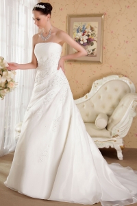Strapless Court Train Embroidery Organza Beading Wedding Gown