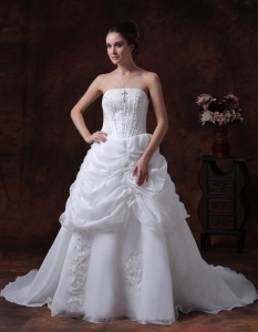 Beading Organza Court Train Ruffles Wedding Dress White