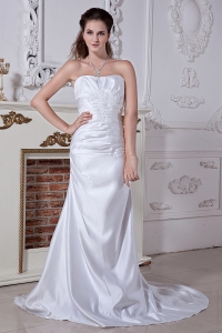 Ruched A-line Court Train Satin Wedding Dress Embriodery