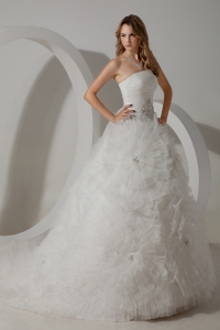 Strapless Court Train Tulle Ball Gown Wedding Dress Beading