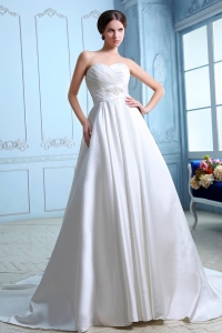 Sweetheart Court Train Satin Wedding Dress Ruch and Beading