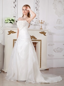 A-line Strapless Court Train Organza Lace Wedding Dress White