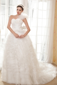 Detachable One Shoulder Sleeves Wedding Dress Ruched Ruffles
