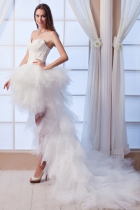 Sweetheart Feather Bodice High-low Wedding Dress Tulle Ruffles