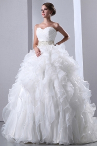 Ruched Bodice Beaded Waist Ruffled Ball Gown Wedding Dress