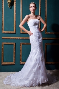 Modest Lace Mermaid Strapless Brush Train Wedding Dress