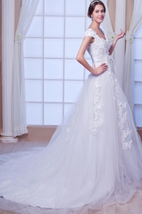 Cap Sleeves Low Back Square Floral Bridal Gown with Bow