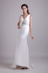 Draped Back Tulle Cap Sleeves Wedding Dress with Jewelry