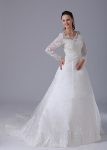 V-neck Long Sleeves Lace Court Train Wedding Dress