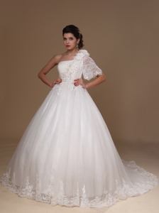 One Sleeve Lace Beading Court Train Wedding Dress