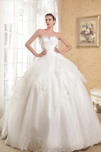 Appliques With Beading Strapless Cathedral Train Wedding Dress