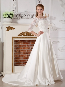 Off The Shoulder Lace Sleeves Satin Wedding Dress