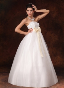 Champagne Bowknot A-Line White Wedding Dress Beading
