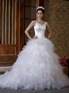 Ball Gown V-neck Appliques Tulle Layers Wedding Dress