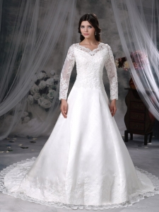 V-neck Lace Sleeves Court Train Satin Wedding Dress