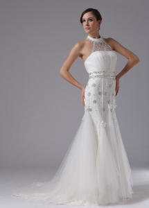 High-neck Lace Beading Brush Train Wedding Dress