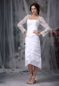 Square Neck Beading Lace Sleeves Tea-length Wedding Dress