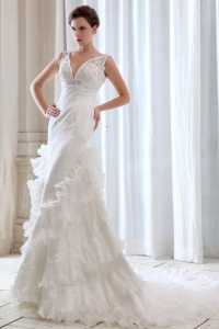 Lace and Beads V-neck Wedding Dress with Ruched Ruffles