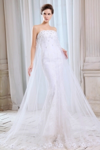Tulle Appliques Mermaid Strapless Wedding Dress