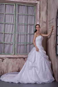 A-line Strapless Chapel Train Wedding Dress with Appliques